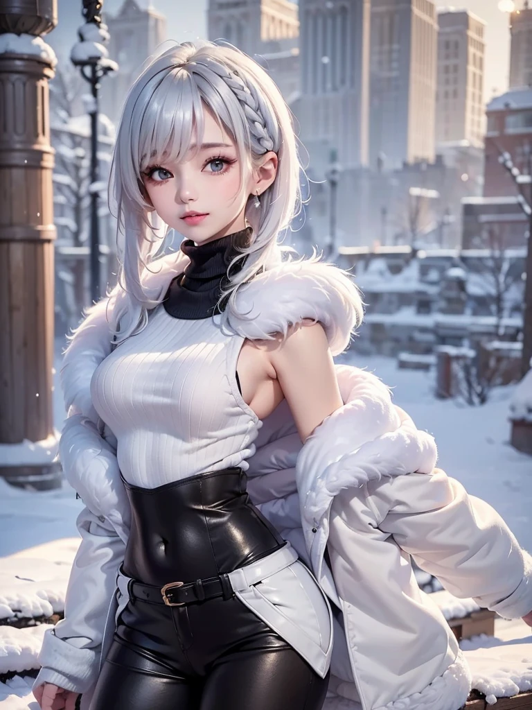 masterpiece:1.5, high quality. 1girl, black turtleneck sweater, sideboob, black short pants,  pantyhose, white hair, fur white coat, medium breasts, bright skin. background: winter ruins, snow fall