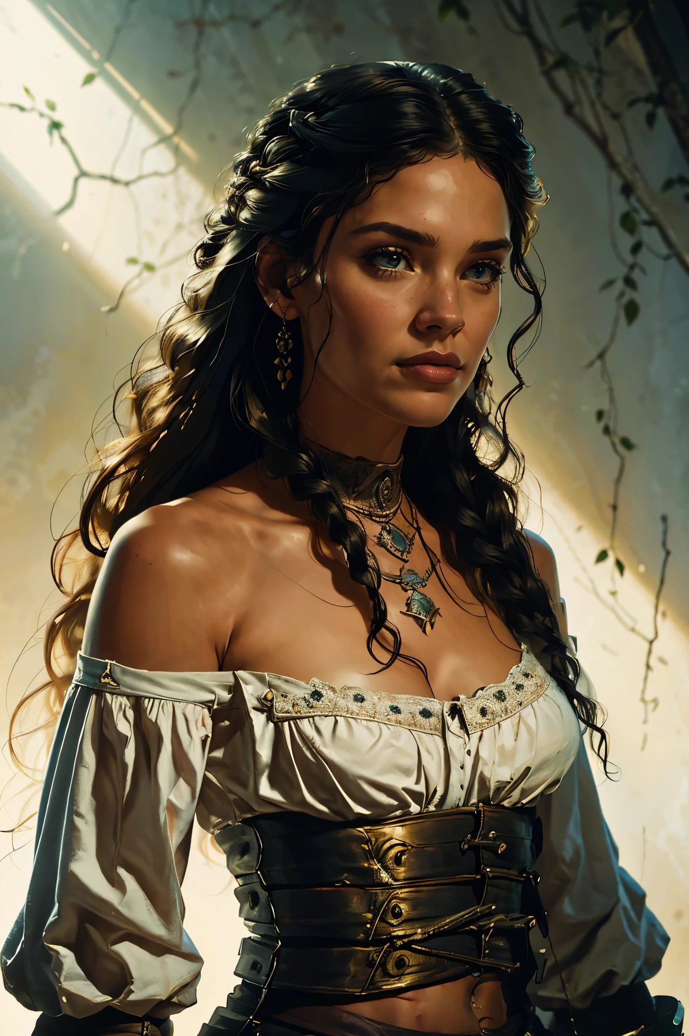 an aristocratic woman from the 17th century based on Clarke Griffin from the TV-series The 100, highly detailed cinematic illustration, black outlining, full color illustration, vivid colors, white background, masterpiece, 8k, ultra-detailed, physically-based rendering, dramatic lighting, intricate background, photorealistic