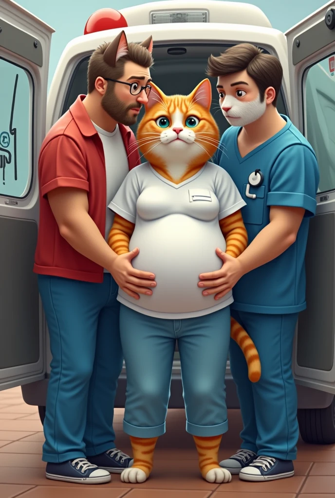 The realistic chubby husband cat in a red t-shirt and blue jeans, sitting on bed same wife cat bed pillow near his orange realistic pregnant wife who is lying on a hospital bed and crying tears seen visible, still wearing her white t-shirt and blue jeans.Setting: A hospital room, with medical equipment around the bed. The husband cat is crying, visibly worried, as he looks at his wife who is in distress.Mood: Emotional and somber, with a heavy sense of concern and fear.