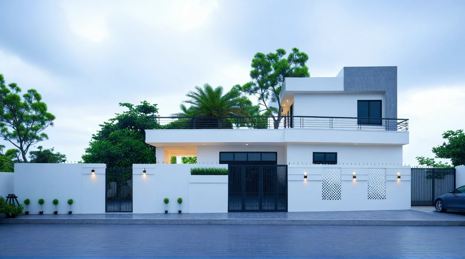 (bright image), A double story modern style house in the middle of Vietnam, (dark grnite tiled wall),(classic detail), simple and elegant architecture with white walls on top half and grey tiles roof, large windows with, entrance door is white with arched shape, bonsai trees, wide tile stone courtyard, professional photography, daylight, natural light, high resolution photography, (best quality, ultra realistic, masterpiece:1.15)