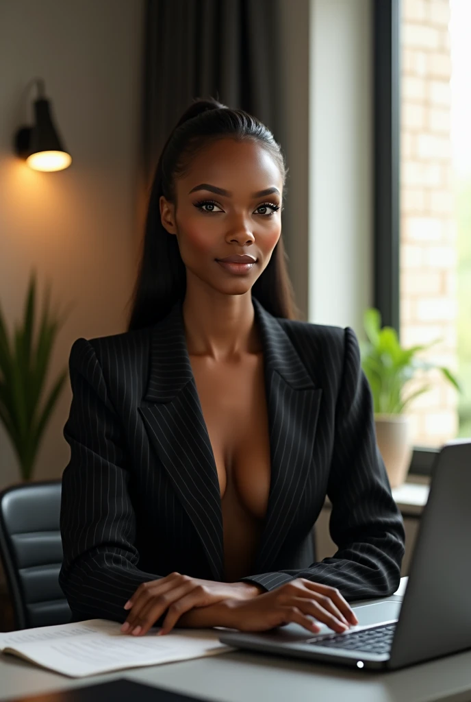 ((Dark African skin, Very deep ebony skin)), ((Its beauty undeniable)), ((Excited cute face)), ((Hyper detailed perfect eyes,)), ((serious pose)), ((Langue sortie)), ((Focussed)), ((beige warm turtleneck, jeans, office, sitting behind desk, working on laptop)), ((Afro ponytail with long African curly hair)), ((debout, vue de face)), ((toucher ses propres jambes dans une pose sexy)), ((The Hague, office, work, sitting behind desk , Ville publique, people in the background)), ((doing groceries)), Sharp Focus CGI, photoreallistic, High detail, Realstic, Masterpiece, absurdes, Best quality, Hdr, High quality, high-definition, Extremely detailed, 8k wallpaper, Intricate details, 8K UHD, Full-HD, (photo realist:1.2), contraste, intense illumination, lighting cinematic, natural lighting, veilleuse, Nuit, Illumination globale, Laughing out loud, a la piscine African women、Female sexy, the hague