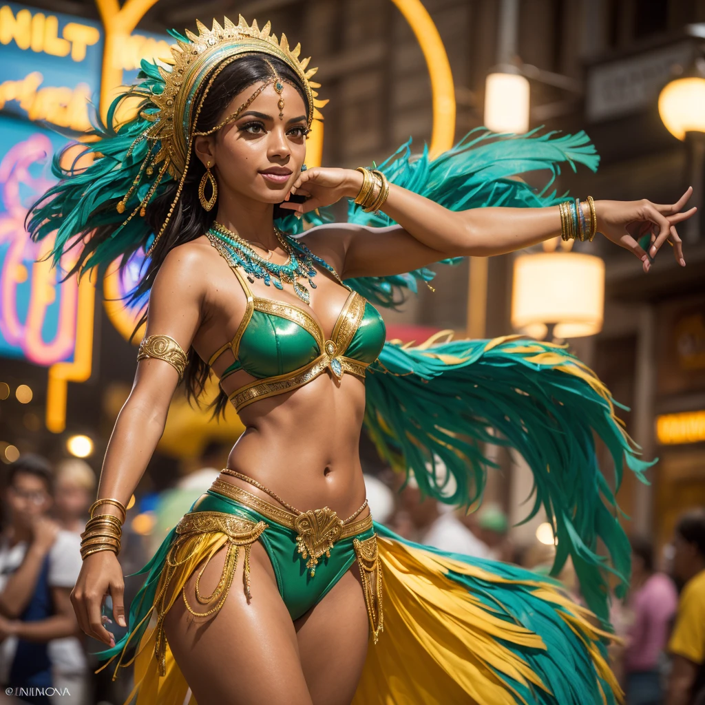 high resolucion, Masterpiece, Best Quality, ((Hasselblad photo)), Sharp focus, (Cinematic lighting), Soft lighting, Dynamic Angle, girls, Mature Brazilian woman, (Wearing a samba dance dress:1.2), carnival, Samba dress, fine detailed skin, Very long wavy black hair, Highly detailed hair, high heels,large full breasts,bare chest,a narrow waist,bare ass,big size ass,bare belly,sparkly skin,intriciate detail, ((Cinematic light)),((black)), , Brazil, carnival, Colors, 8K