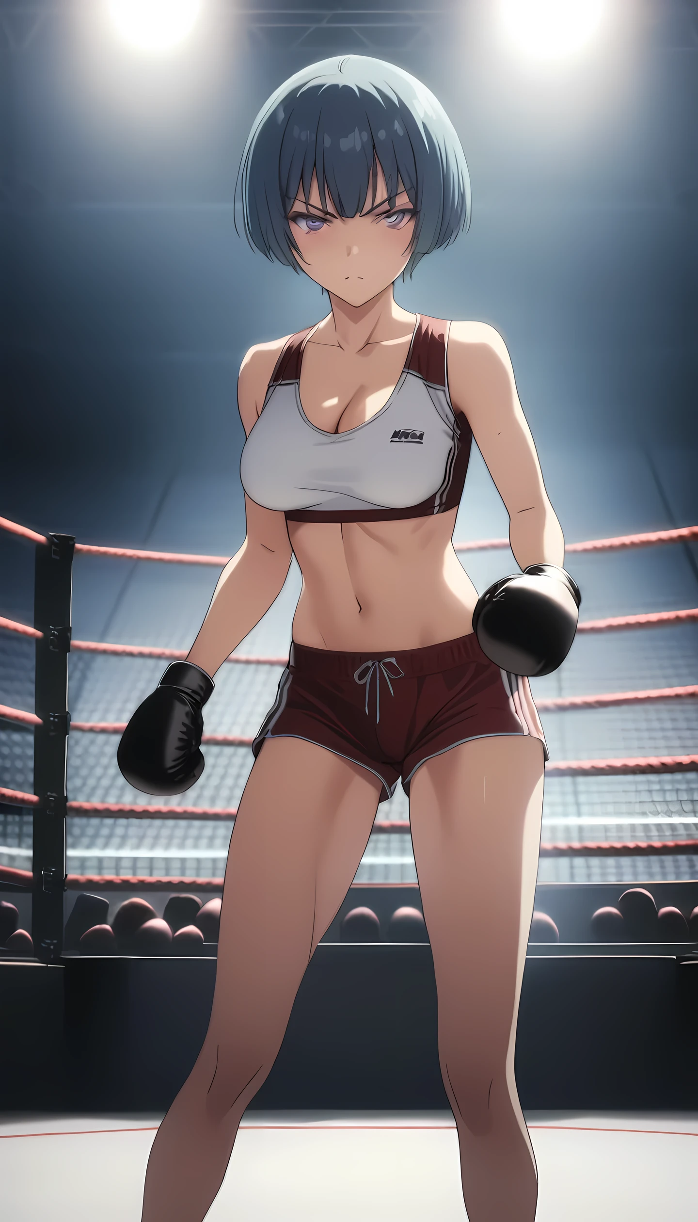 ibuki, 1girl, short hair, bangs, blue hair, purple eyes, midium breast, masterpiece, best quality, (wearing sexy sports wear:1.5, boxing gloves, bare thigh, navel,cleavage), (on MMA Arena :1.5), serious, Toned stomach, long legs, looking at viewer,stage lighting, Ultra HD,Detailed eyes,Detailed face, cowboy shot, fighting, anime screencap, realistic background,