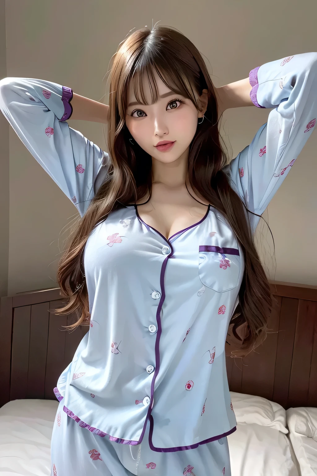 1girl,perfect ,black hair, long hair, (hair over one eye:1.4), messy hair, hair between eyes, plump, chubby,fat, saggy breast, cute motif pajama, cute shy blush on , bedroom