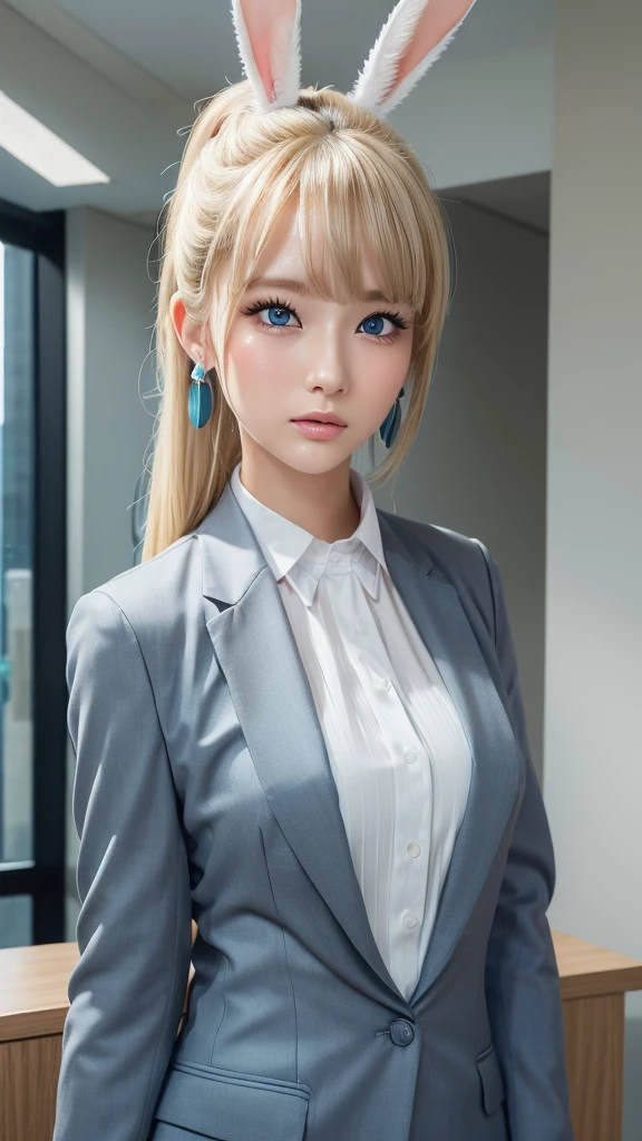 ((Best Quality)), ((masterpiece)), (High-quality photos), (Top ponytail), (blonde), (bangs),  (beautiful girl), False eyelashes, (Earrings), (Bunny ears:1.1), (White skin), Tilt your head, (Surprised), Wet lips, Thin eyebrows、(blue eyes:1.1), Charcoal grey suit, Standing, Office reception counter,  