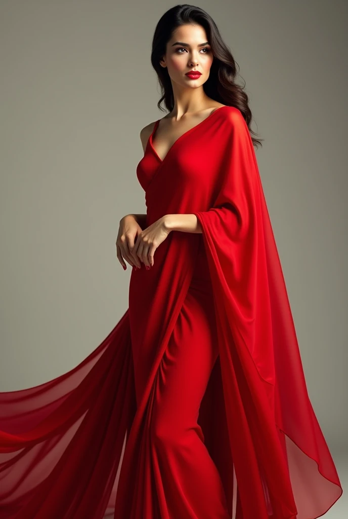 a sexy a woman covered in large red satin cloth, tied tightly with the satin cloth, mummified, the satin hanging down very long, a mermaid style dress, wearing a satin hijab, the satin cloth is very long, forming the curve of the body, flowy satin about 4 meter,full body,masterpice, 4k resolution, ultra-realistic, highly detail.