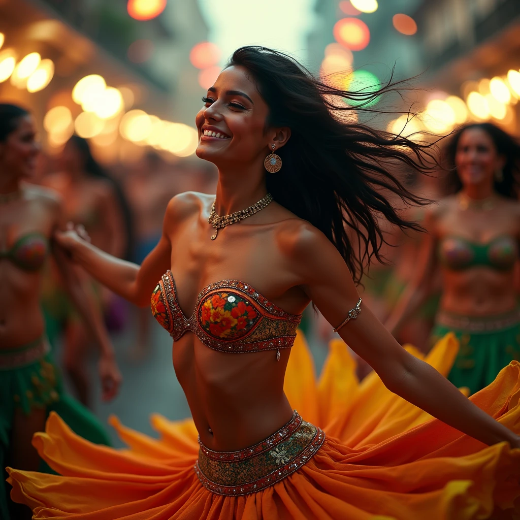 A drawing of a woman dancing samba in a festive setting. She is wearing a traditional samba outfit, with a colorful fringed skirt and a sequined top. The woman is on the move, with one leg raised and the body leaning forward, capturing the vibrant rhythm of samba. The background can be a street full of lights and people around, typical of a carnival parade, with lots of colors and a cheerful atmosphere.