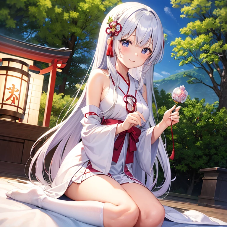 silber hair、red eyes、One pretty girl、独奏、animesque、flower field、red blush、White cheongsam、Underwear is slightly visible