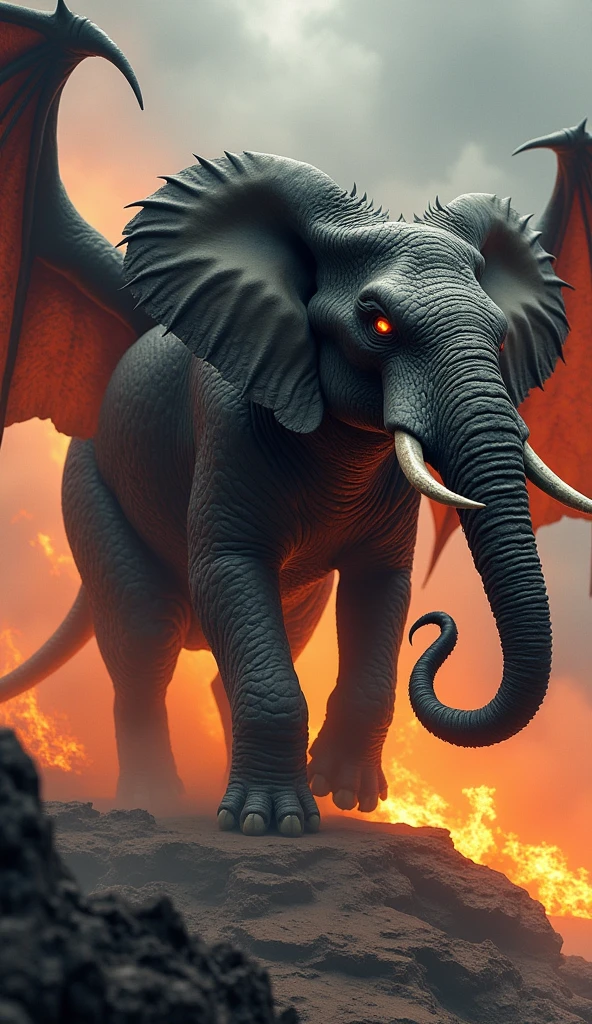 Elephant and dragon in one frame,background red sky with thunder