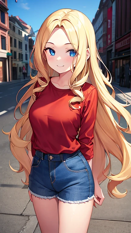 1girl, blonde hair, long hair, red shirt, collard shirt, big forehead, curly hair, Denim Shorts Jean Shorts, looking at vewers, blue eyes, city, smiling, standing, , medium breast, day, pale skin, socks, long sleeve