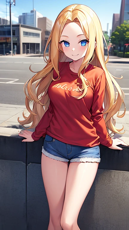 1girl, blonde hair, long hair, red shirt, collard shirt, big forehead, curly hair, Denim Shorts Jean Shorts, looking at vewers, blue eyes, city, smiling, standing, , medium breast, day, pale skin, socks, long sleeve