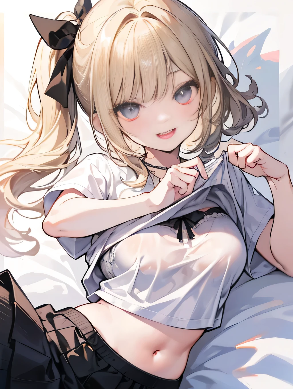 (masterpiece), best quality, (showing thighs), highly detailed faces, (SHARP details), 4k, highly detailed, ((thick iron slave collae wrapper around neck and wrists)), ((cute innocent face)), (bunny ears), Big cute eyes, (viera), ((blonde hair)), blue eyes, ponytail, wild tomboy hair, shy and nervous pose, sheepish, apprehensive. frowning (()), ((solo)), short girl, petite-body, modern hotel bedroom interior((topless)), cute panties, dim light, red light, flat breasts, ((young girl)), (short girl), cute, slender, tempting, slave