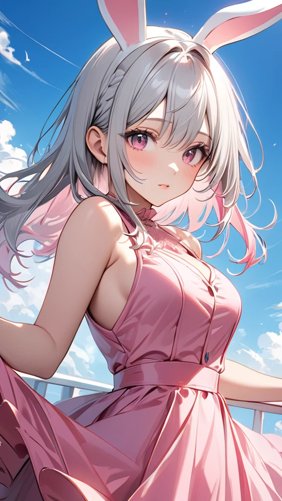 (((Masterpiece, Best Quality, High Resolution))), Cyberpunk slender young girl, White long hair, Full-length in a short dress, is looking at the camera, against the backdrop of the city, white short dress, naked legs, brightness, Masterpiece, Best Quality, 1girl, hiquality, Ultra Detailed, ((lifelike skin)), ((realistic face)),(illustartion:1.05), (Beautiful:1.05), (beautiful detail eyes:1.05), Form-fitting silhouette, Slim, small breasts, White and Pink Clothing. Faraway view. full-length photo, The wind lifts the dress, Smile, 1 girl