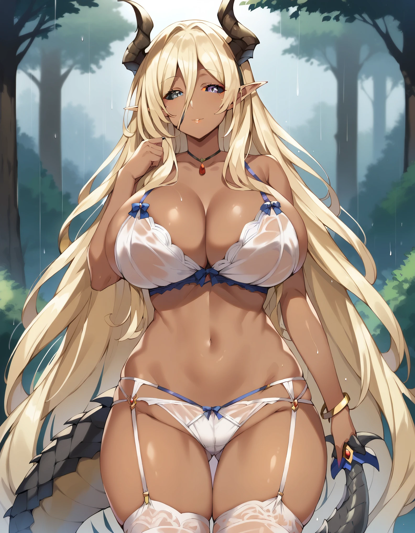 masterpiece, score_9, score_8_up, score_7_up, source_anime, best quality, extremely detailed, 1girl, milf, solo, monster girl, (dragon girl:1.4), (dark skin, black skin:1.8), sword maiden, (huge breasts), ((((blonde hair), very long hair, hair between eyes, black sclera, grey eyes, pointy ears, dragon horns, dragon tail, scales, dragon claw))), parted lips, (((lingerie))), ((light smile), closed mouth), ((forest, raining))