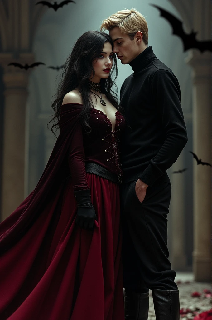 dark fantasy, dramatic lighting, full body shot, wide angle,dynamic angle, deep shadows, a female vampire and her thrall, extremely detailed skin, perfect wavy hair, (A female vampire and her thrall, she is using her paranormal powers to shift blood in the atmosphere, making the blood translocate around the environment), (the female vampire is trying to reach her thrall's neck with her hand, making a paranormal blood transfusion between them, shifting blood from the thrall to the vampire), hemokinesis, (there are lots of blood strings floating around the environment), she is wearing a very intricate biological exoskeleton, (the female vampire's lower body is vanishing, becoming black mist), the scene unfolds in a dungeon dimly illuminated by a red glow, red energy lines, pale blue and earthen hues, mystical energy, moody atmosphere, cinematic composition, Yoshitaka Amano style
