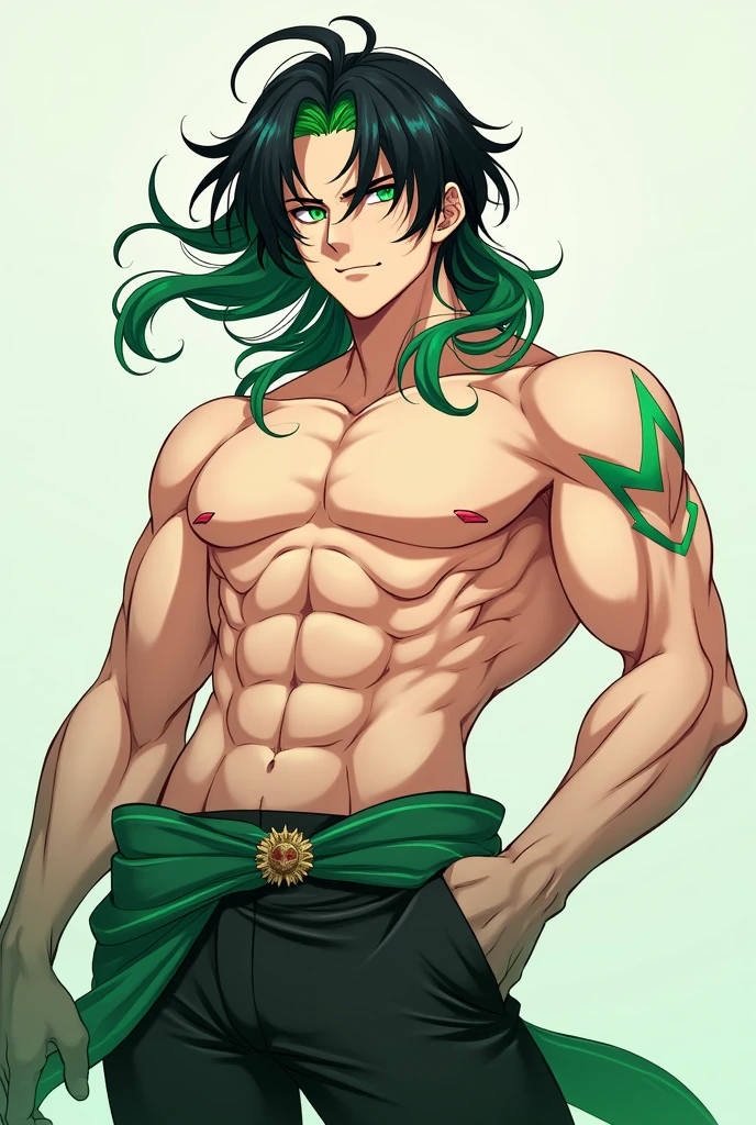 man, anime, black hair, long hair, very long hair, hair between eyes, green eyes, pupilas verdes,smile, chest tattoo, tattoo, pants, solo, male focus, looking at viewer, barechested male, muscular, qualidade de obra prrima, 4k, ultra detalhe