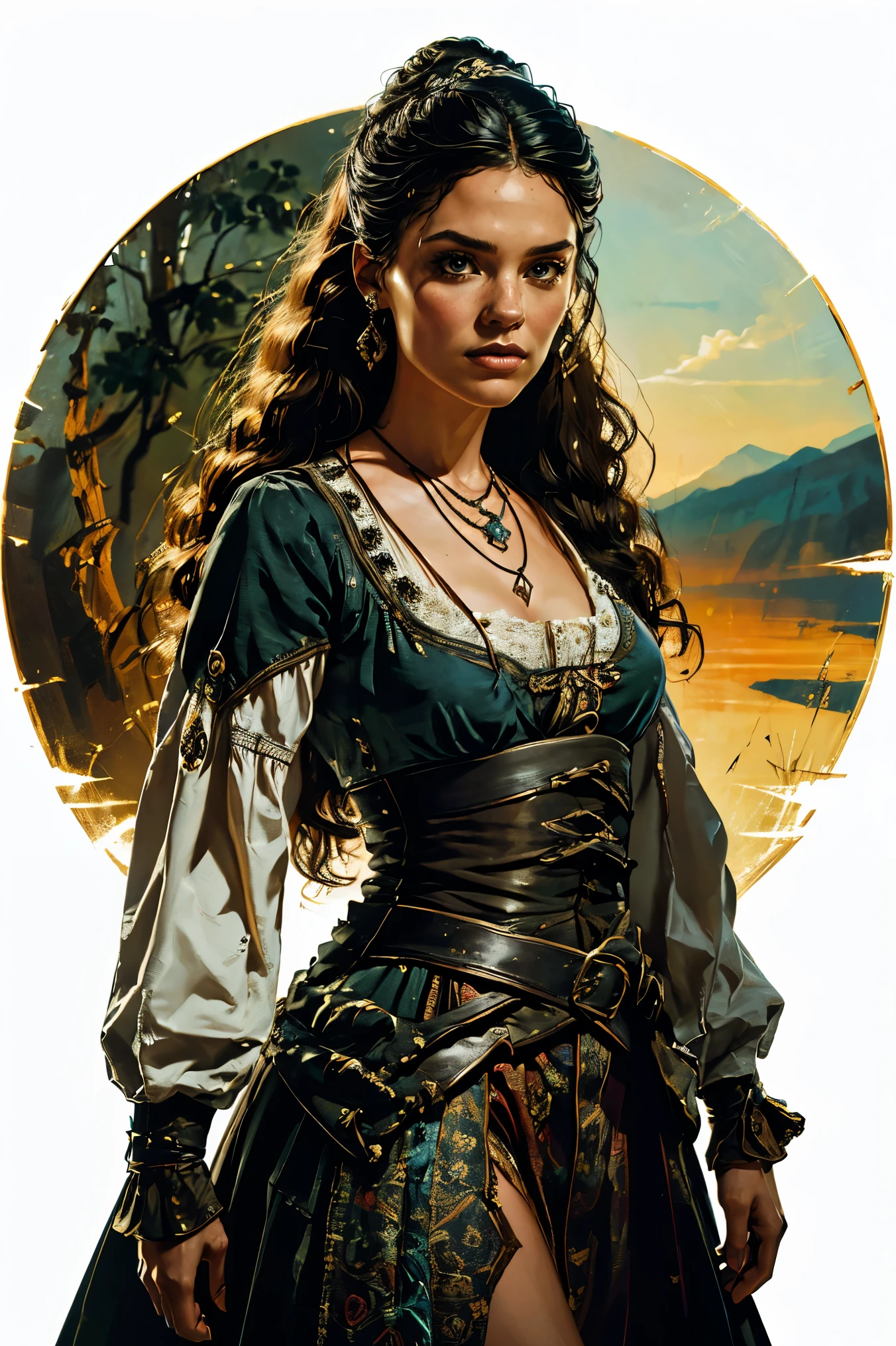 an aristocratic woman from the 17th century based on Echo from the TV-series The 100, highly detailed cinematic illustration, black outlining, full color illustration, vivid colors, white background, masterpiece, 8k, ultra-detailed, physically-based rendering, dramatic lighting, intricate background, photorealistic