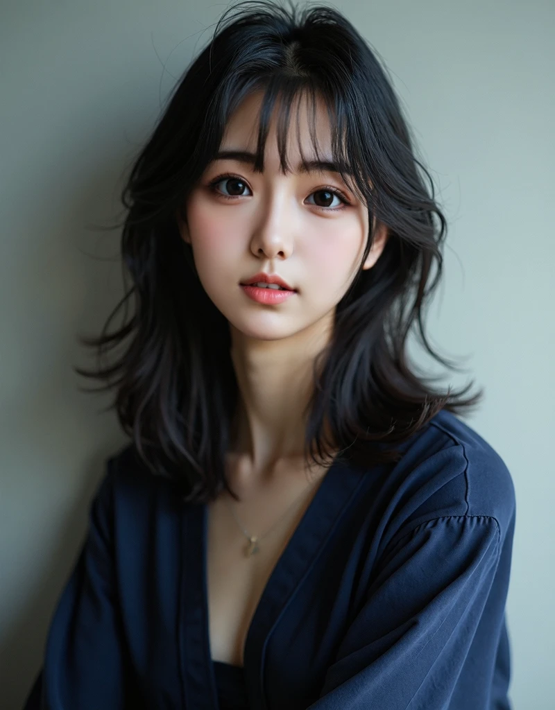 Very beautiful Japanese women, No lighting, ((Straight black hair down to the shoulders)), (超High resolution;1.4) ,(Very beautiful eyes, Extremely beautiful skin), {masterpiece}, {Best Quality}, High resolution, Very detailed, 8k, cute, {Very delicate and beautiful}, In detail,Amazingly beautiful, {Photorealistic:1.4}, Intricate details, Very detailed, {Beautiful Face}, Very detailedな, Written boundary depth, Beautiful visual effects, (Glowing Skin) , {One Girl}, Dress code: navy blue shirt, Black Skirt, RAW Photo Bright Spot, look up