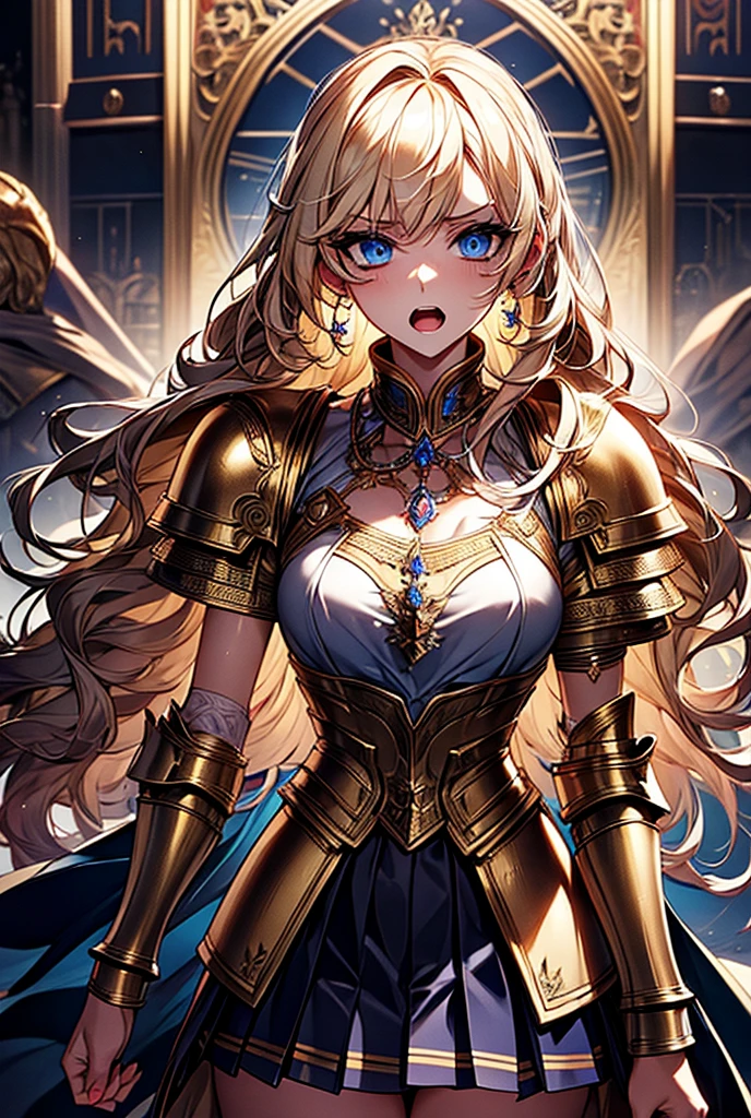 (Adult women:1.5)、Very detailed、highest quality、Best image quality、masterpiece、8k、Anime Face、A kind smile、Open your mouth、Sparkling blue eyes、(Blonde Wavy Hair:1.5)、、Muscles of the whole body、T-back thong、Thigh belt、(Wearing gold bikini armor:1.5)、(Cowboy Shot:1.5)、(Leg armor:1.5)、(Wearing a helmet:1.5)