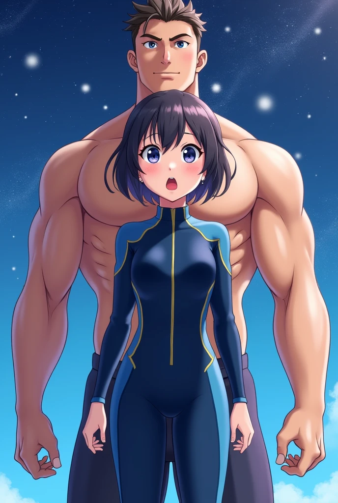 (masterpiece), (best quality), (high res) 2boys, (perfect anatomy) (perfect face) anime boy, (crossdresser), medium dark brown hair, red eyes, brown skin, wide hips, narrow waist and thick thighs, flustered, brushing, standing in space, flat chest, (full body suit), (visible bulge), (skin tight space green quantum space suit) man, fair skin, white hair, yellow eyes, in outer space, (gay sex) (kissing) (French kiss) (kissing each other)