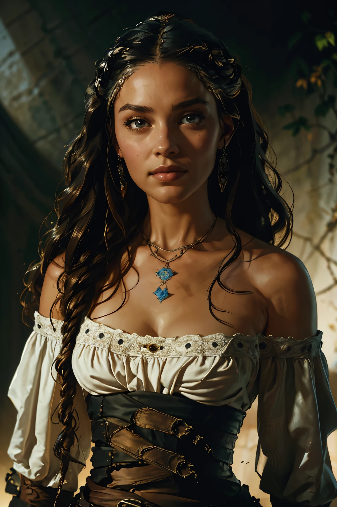 an aristocratic woman from the 17th century based on Lexa from the TV-series The 100, highly detailed cinematic illustration, black outlining, full color illustration, vivid colors, white background, masterpiece, 8k, ultra-detailed, physically-based rendering, dramatic lighting, intricate background, photorealistic