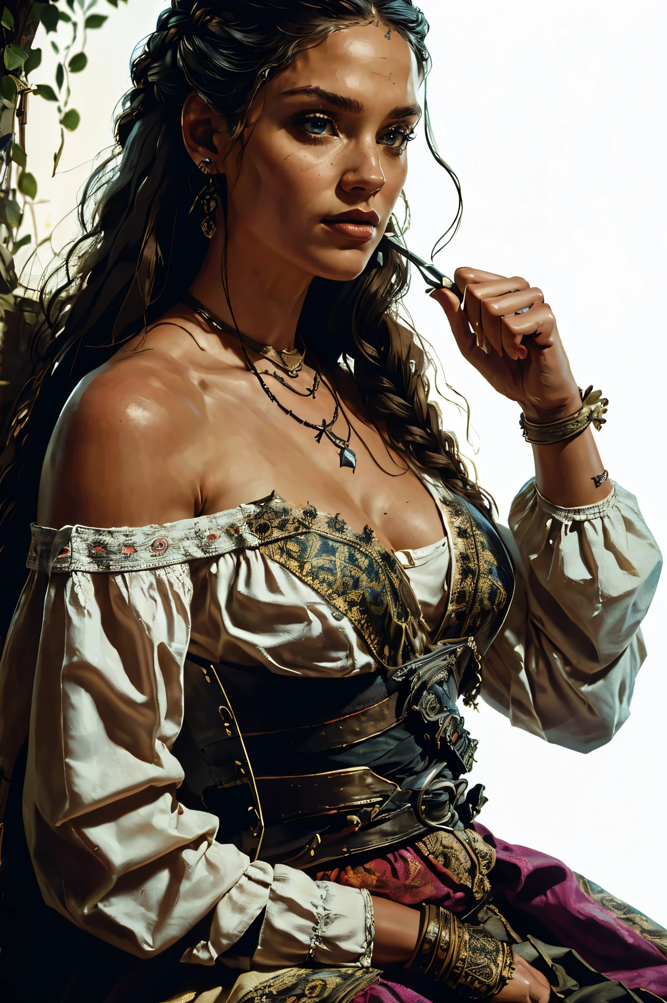 an aristocratic woman from the 17th century based on Lexa from the TV-series The 100, highly detailed cinematic illustration, black outlining, full color illustration, vivid colors, white background, masterpiece, 8k, ultra-detailed, physically-based rendering, dramatic lighting, intricate background, photorealistic