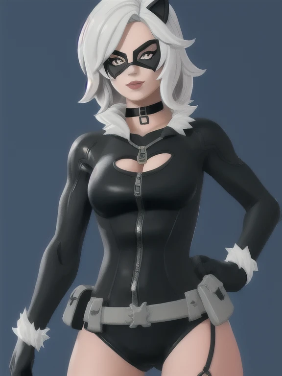 (masterpiece, best quality:1.2), 1girl, solo, Black_Cat_(Fortnite), blackcat, Black Cat, Fortnite, female, long white hair, white hair, domino mask, bodysuit, black bodysuit, gloves, choker, white gloves, collar, superhero, black bodysuit, fur trim, skin tight, zipper,