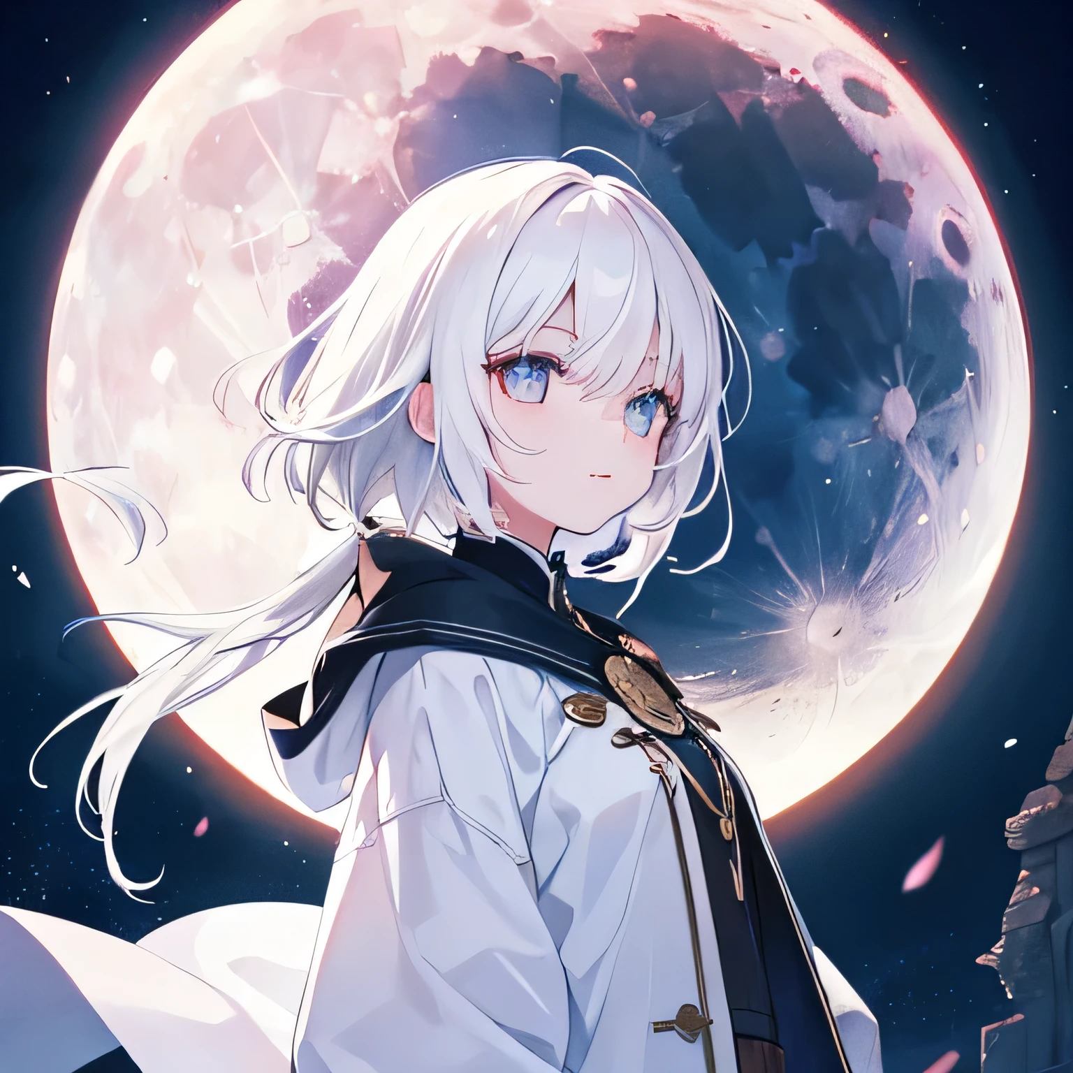 Blue eyes, big tits, 1girl, coat, white hair, ponytail hair, smile, tennage, moon, church, upper body, (closeup),