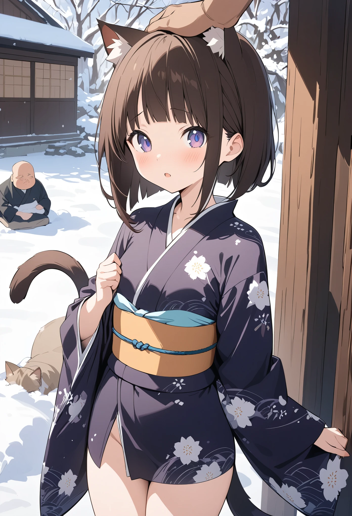 Viewer discretion advised、Very cute、Top quality backgrounds、Slender body、Small breasts、猫 ears、Cat Tail、Snow Scene、Old straw house、Japanese House、Japanese Kimono、Short Bob、
Fat man、Patting the head