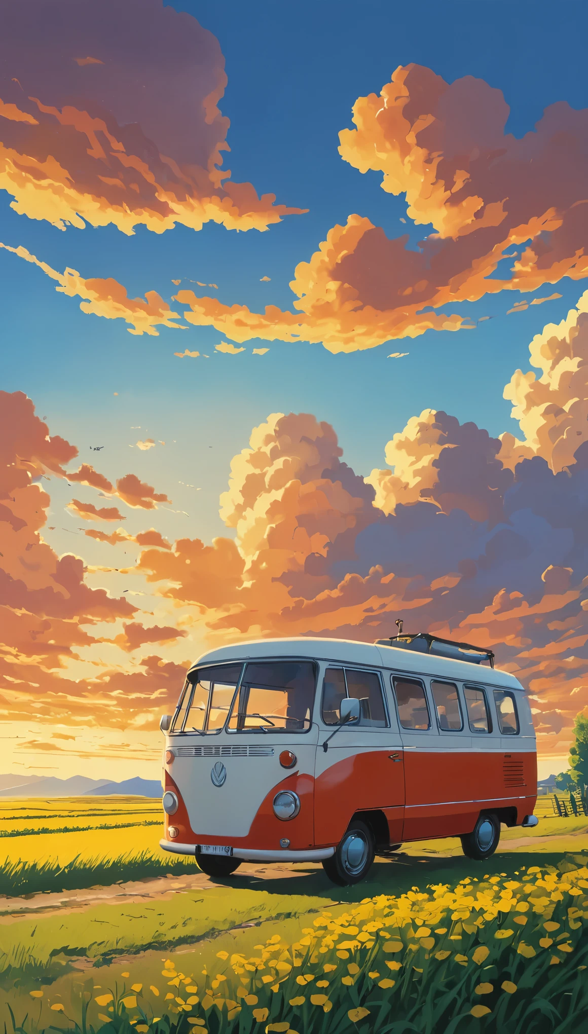 (Minimalism:1.4), Draw a simple Tintin style art a minibus camping sunset clouds , studio ghibli art, miyazaki,  , Makoto Shinkai!!, anime movie background best quality best of SeaArt HD
