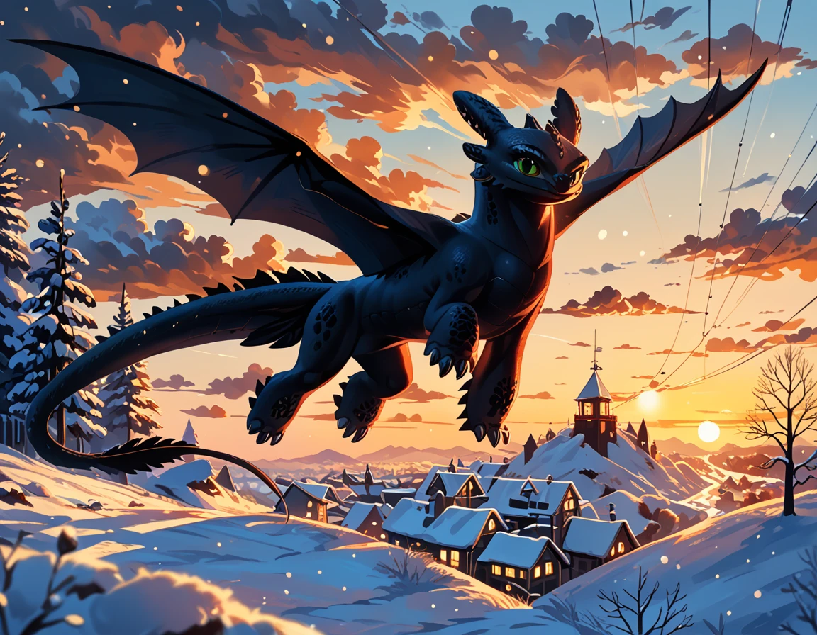 rating_safe, cinematic film still, (t00thl3ss from HTTYD:1.4), dimly lit, flying over Berk village, snowy, (cinematic lighting:1.2),, (sunset:1.2), shallow depth of field, vignette, highly detailed, high budget, bokeh, cinemascope, moody, epic, gorgeous, film grain, grainy, (ultra-detailed), (best illustration), (best shadow), (absurdres), (detailed background), (very aesthetic).