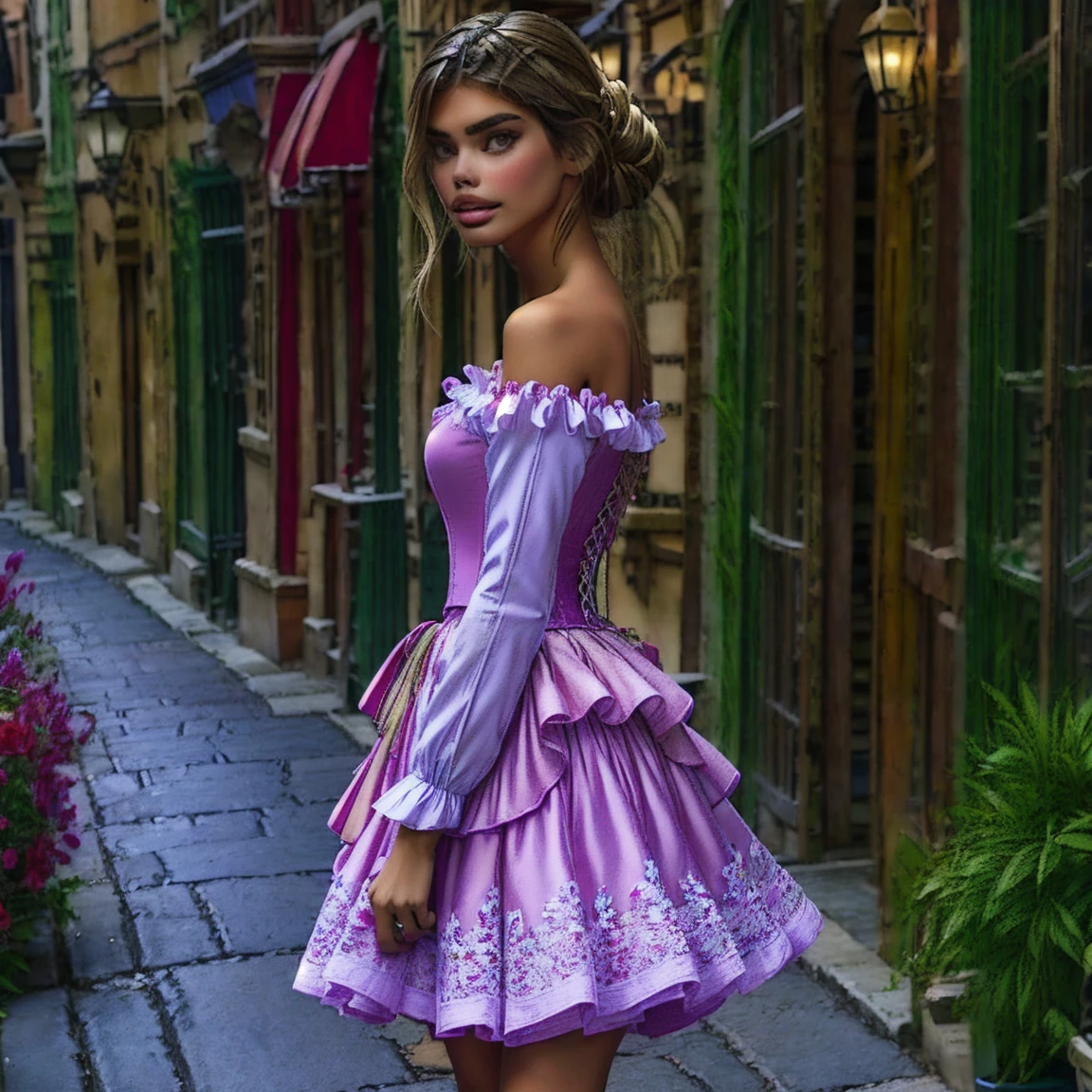 slmn, sara sampaio,1girl, skinny,  petite, blonde, masterpiece,best quality,highres,ultra-detailed,aadarjeeling,braid,bangs,medieval,long sleeves, rapunzel dress is a red-colored gown with puffed sleeves and a corset-style bodice. The bodice is typically decorated with intricate lace or floral embroidery. The skirt flows out from the waist, made of layers of soft, pastel-colored fabric, such as chiffon or tulle.old village,standing,:smile, from side,  courtesan of the sixteenth century