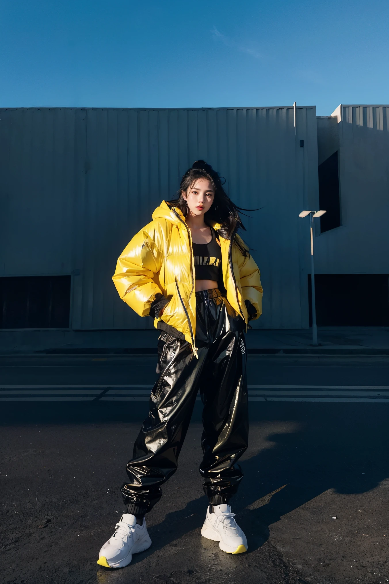 A female model, medium big breast, wavy hair, stands confidently, wear an oversized black puffer jacket and bright yellow baggy oversized pants made of shiny material. She wears white sneakers and has long black hair. The background features a vibrant sky. The overall impression is bold and edgy, embodying a contemporary streetwear aesthetic.