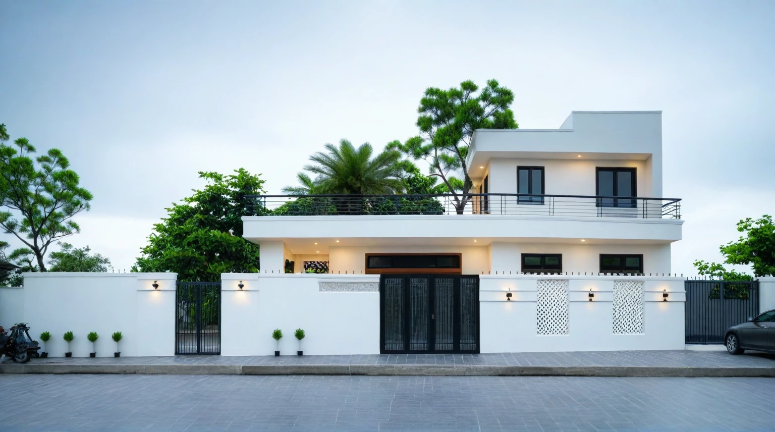 (bright image), A double story modern style house in the middle of Vietnam, (dark grnite tiled wall),(classic detail), simple and elegant architecture with white walls on top half and grey tiles roof, large windows with, entrance door is white with arched shape, bonsai trees, wide tile stone courtyard, professional photography, daylight, natural light, high resolution photography, (best quality, ultra realistic, masterpiece:1.15)