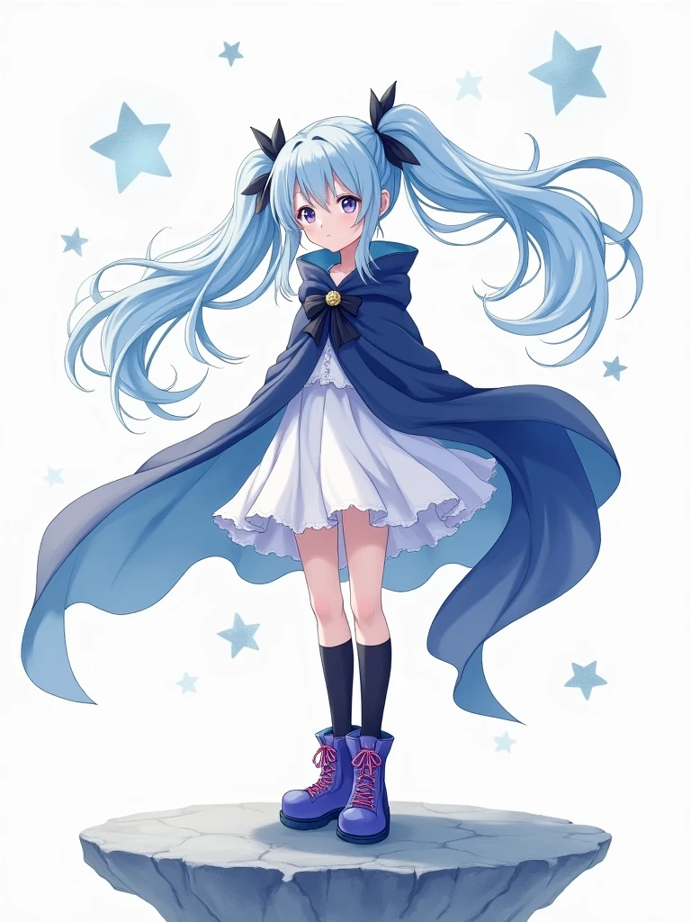 A stylized anime girl,Dreamy,Light blue double ponytail,Hair fluttering,Watercolor smudge,Close your eyes and immerse yourself,Calm expression,Large dark blue cape,Starry sky spots,White ruffled skirt,Black knee socks,Blue and purple thick-soled boots,Pink laces,Sharp contrast,Floating Stone Platform,Liquid dripping,Melt Diffusion,Fantastic,Close-up of face,White background,Watercolor blue-gray spots,Elegant and surreal,Fresh and simple,The lines are soft