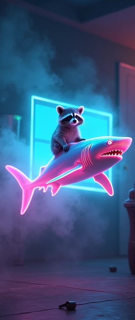 A mesmerizing and conceptual 3D render of a raccoon knight, dressed in gleaming armor and mounted on a translucent, neon-lit white shark. The raccoon's cute face and fluffy appearance contrast with the futuristic shark, creating a captivating blend of medieval and advanced elements. The background displays a mystical, star-filled sky, enhancing the dreamlike atmosphere of this imaginative and conceptual masterpiece., 3d render, photo, conceptual art