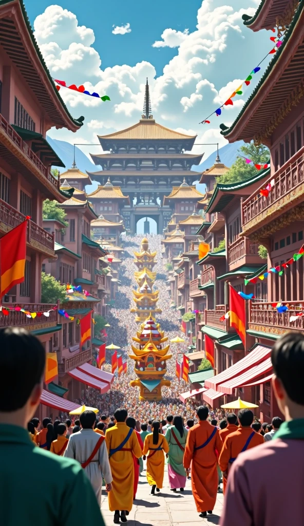 In front of the Forbidden City, In the distance, Children in basketball uniforms cheer，Lanterns float in the air，Doves of peace are flying，Red flags flying,National Day atmosphere，The overall picture is located in the lower center