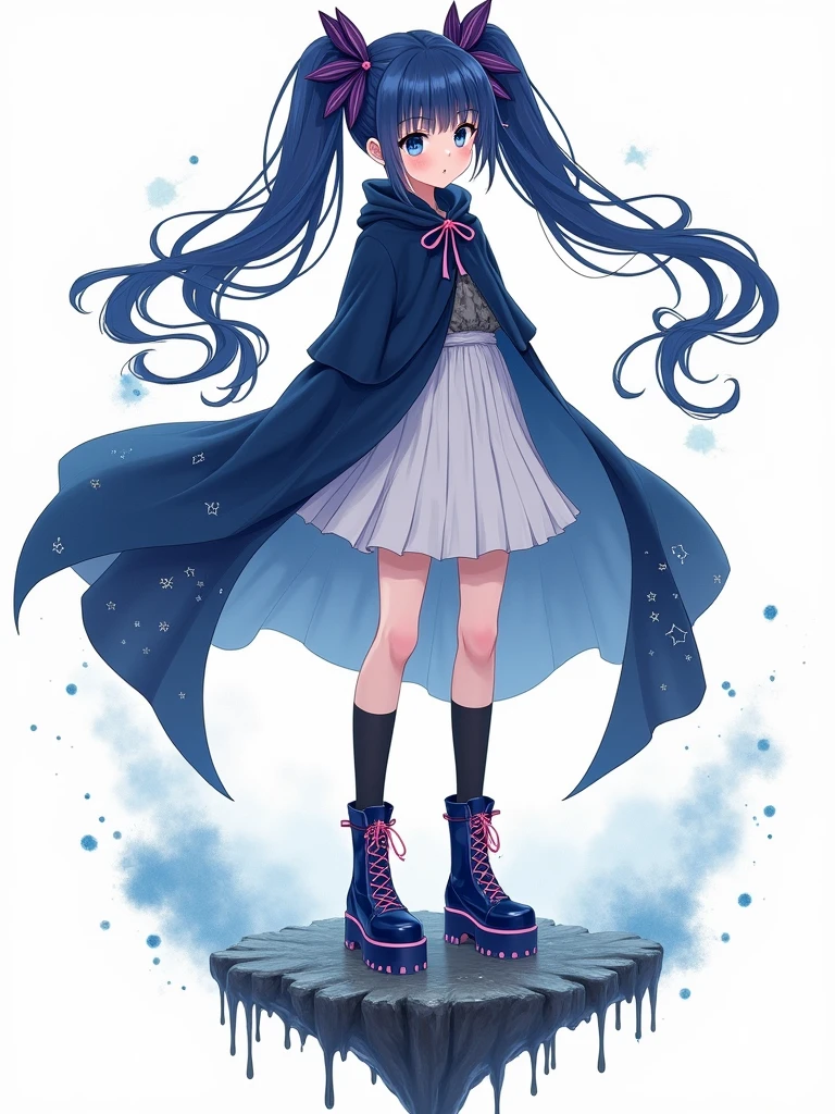 A stylized anime girl,Dreamy,Light blue double ponytail,Hair fluttering,Watercolor smudge,Close your eyes and immerse yourself,Calm expression,Large dark blue cape,Starry sky spots,White ruffled skirt,Black knee socks,Blue and purple thick-soled boots,Pink laces,Sharp contrast,Floating Stone Platform,Liquid dripping,Melt Diffusion,Fantastic,Close-up of face,White background,Watercolor blue-gray spots,Elegant and surreal,Fresh and simple,The lines are soft