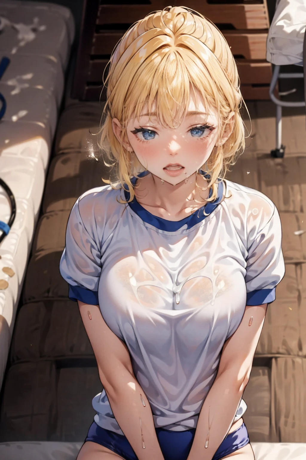 best quality,masterpiece,shiny blonde,blue eyes,white clothes, look down on, upper body,hair strand,Fair skin,short bob,bra,wet、Nipples are visible、Completely naked