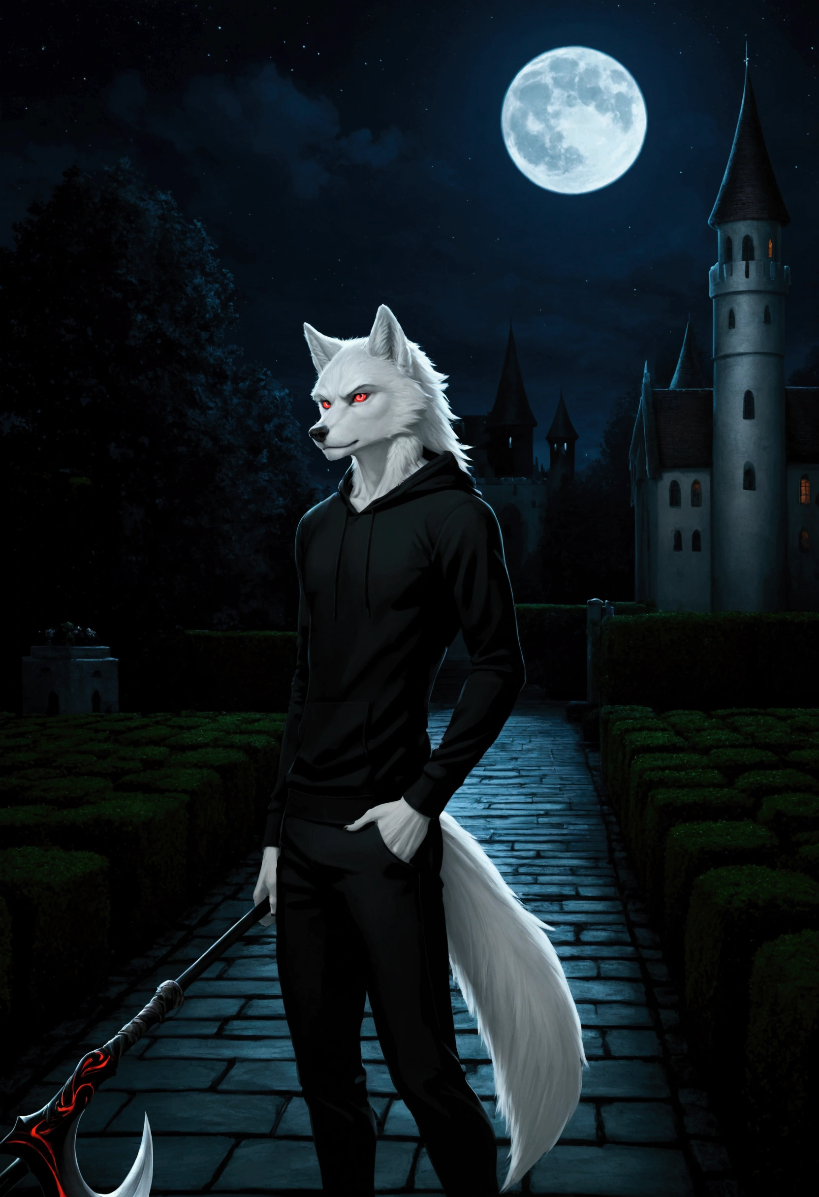 furry, Solo, Humanoid male wolf, wolf, scythe, Black hoodie, black pants, White body, Long white wolf tail, , short white hair, cool, red eyes, Slender figure, Slightly skinny, , look from side, background detail, night, full moon, wolf with death crescent, in garden, spooky castle, with big crescent