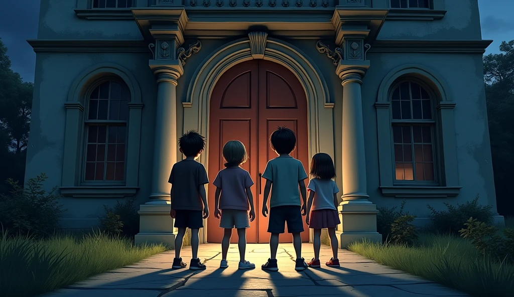 Exiting the Mansion
**Visual**:
- The kids leaving the mansion, with the exterior bathed in the soft light of dawn.
- They look back at the mansion with relieved and satisfied expressions.
- The mansion now appearing less menacing with the morning light.
- The kids walking away together, talking and laughing.