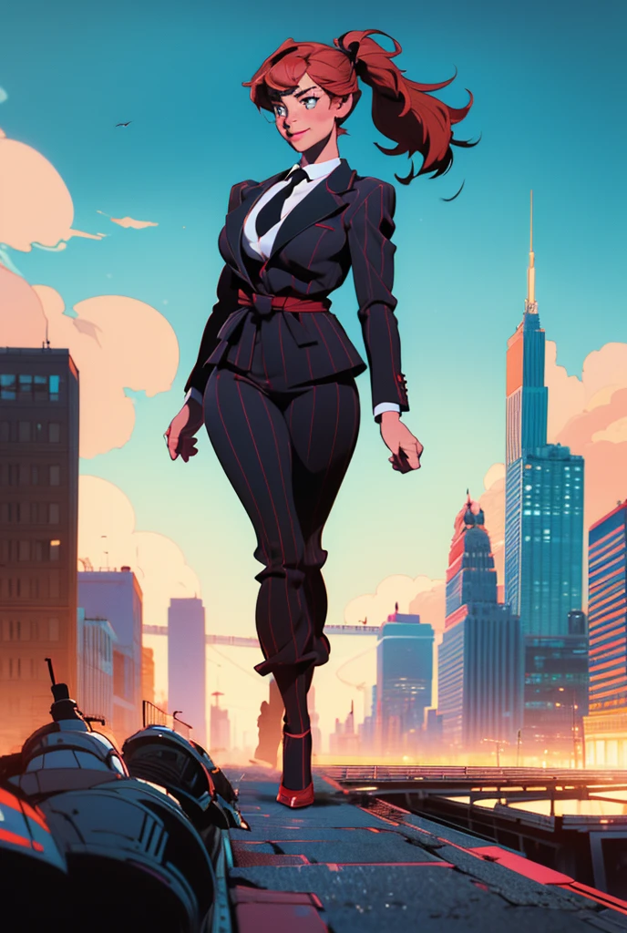  Young adult 1 woman, beautiful curves a massive curvy thighs redhead ponytail red lips wearing a perfect crimson pinstriped suit and blazer with a ((massive thick and massive black necktie, windosr knot the size of a fist)) white crisp shirt, massive breasts. Black Platform high heels, colossal breasts. Platform high heels , standing, giantess art, tie bar, highly detailed giantess shots, giantess, most detailed, perfect face, Two legs, Five fingers, short hair, A girl who is bigger than a skyscraper, standing on very small city, skyscarpers at their feet, skyscrapers small, smile, huge breasts, major metropolis, numerous cities, , A very small big city, Miniature metropolis, Full body description, GTS, giga giantess, gigagts, stomping city, crash city, tiny city, micro city, , High resolution, highest quality, masterpiece,  tiny destroyed skyscrapers city, illustration, skyscrapers size of small toys standing behind and very far away from city, (masterpiece, best quality, best shadows, best shading, perfect hands, perfect face, cinematic lighting, colorful, ultra-detailed, beautiful photography, character focus, extremely-detailed, photorealistic, hyper photorealism, atmospheric), ), (giantess, stereotypical office boss), (dirty, filthy, unwashed, sweaty, unkempt, happy, tired, exhausted, annoyed), ((walking, mid stride:1.2, stepping down on:1.2, stomping, crush, rampage)), (black patent Louboutin rounded toe pumps, high heels, platform heels), ((,)), ((long ponytail hair with front bangs)), (high altitude photography, satellite view), (curvy, , heaving bosom, legs), (mega city, urban sprawl, and small towns, buildings, roads), (((cloudy, overcast, clouds and atmosphere partly obscuring the subject:1.2, hazy atmosphere, haze in foreground, wispy clouds)))