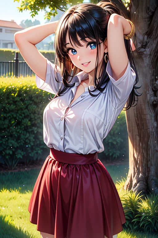A beautiful girl in posing in a street, blue sky and white clouds, leafy trees, low-cut chest, anime girl, dark brown hair, bangs, long hair, ponytail, wavy hair, expressive hair, shiny hair, ribbon, hair scrunchie, cat hair ornament, aqua eyes, glowing eyes, pupils sparkling, earrings, open mouth, smile, red lips, shy, embarrassed, blush, tongue, bright pupils, seductive smile, upper teeth, break skirt, shirt, , clavicle, white shirt, pleated skirt, mini skirt, bracelet, blue skirt, big rounds , break looking at viewer, whole body, break (table top:1.2), (figure:0.8), (beautiful and fine eyes:1.6), highly detailed face, perfect lighting, Highly detailed CG, (perfect hands, perfect anatomy), smile with open mouth, (skirt lift:1.3), turquoise pantiesies:1.3), p the skirt youf:1.3), (panties fully exposed:1.5oor, outside the house, high detail, anime, depth of field, image fill, rounded corners, first-person view, pov, from below, panorama, perspective, Wide-Angle, f/1.8, 85mm, Nikon, 8k, wallpaper, super detail, UHD, retina, masterpiece, anatomically correct, textured skin, highres, best quality