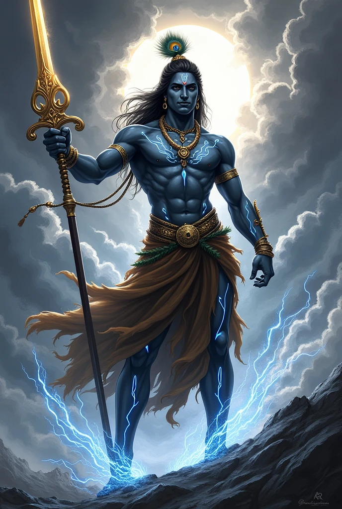 Create a detailed image of Lord Shiva in an intense and aggressive stance, with eyes glowing fiercely. His long, flowing hair is wild, and he is adorned with serpents, rudraksha beads, and ash smeared across his blue skin. He holds a massive trishul (trident) in one hand, its sharp points gleaming, while the other hand is raised in a powerful gesture. The background is a stormy sky, with lightning striking and dark clouds swirling, emphasizing the raw, divine energy radiating from him. His tiger-skin garment flows in the wind, adding to the dynamic and powerful presence.