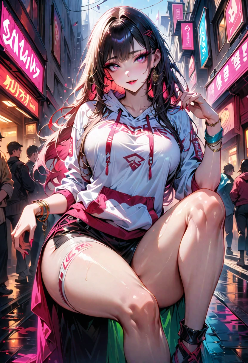 Young beautiful woman,(Best Quality,Extremely detailed depiction,Incredibly absurd high definition,Anatomically accurate,Curvy Legs,Detailed pupil,Shiny skin,Porcelain-like skin),(Fascinating street dancer,Light colored hoodie,Bracelet,Food),eyelash,(Pink Eyes,Half-closed eyes:1.5,Crazy Eyes,Large Breasts,A seductive smile,Glossy lips,Flashy makeup,Eyeshadow,Eyeliner,mascara,Seductive gestures),whole body,