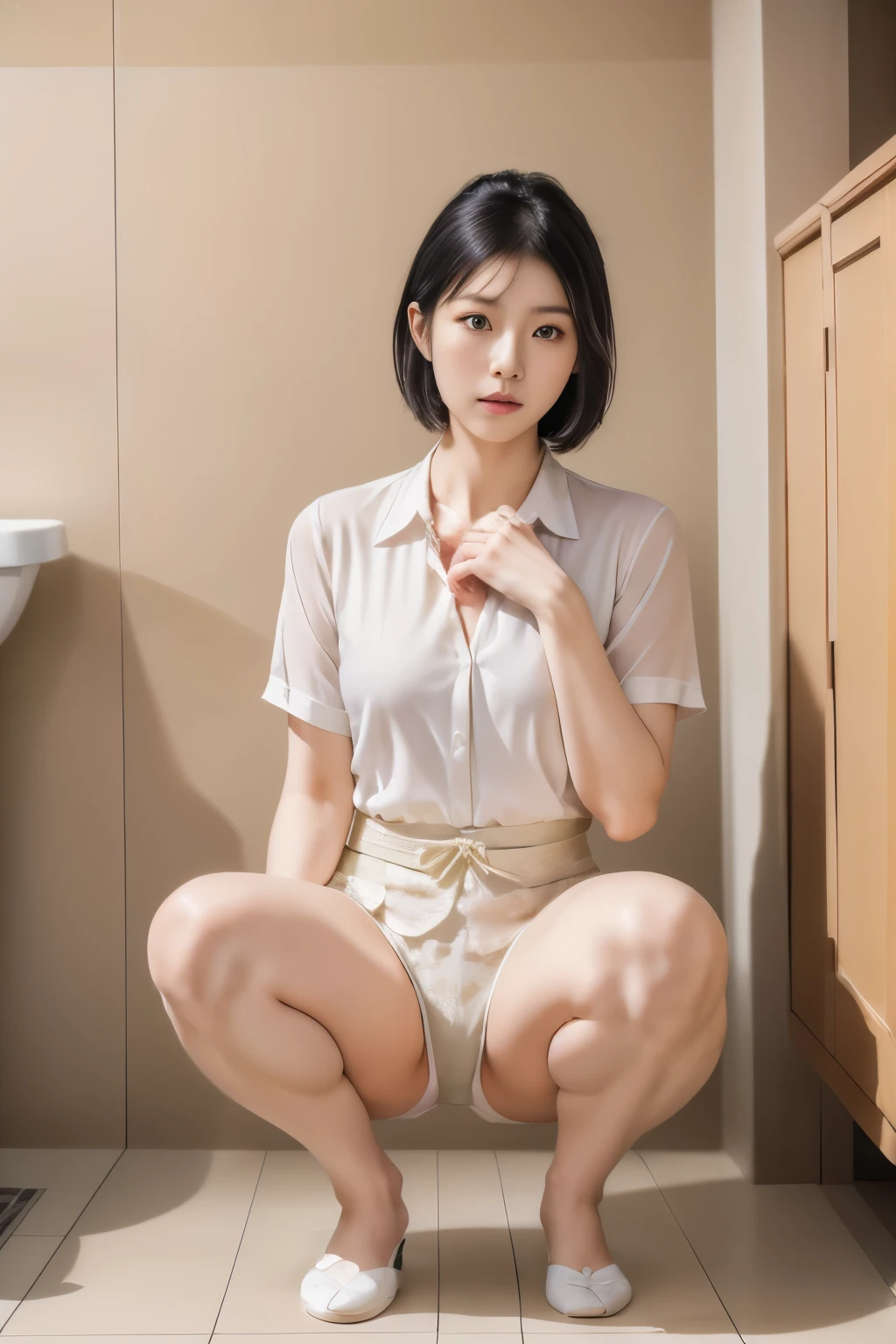(Practical, photo-Practical, Best quality, masterpiece), Intricate details, Extremely detailed, (Frontal photography, For the audience), Solitary, A Japanese woman, (Half squat with legs spread:1.5), Black Hair, Short Bob Hairstyle, Pale skin, Delicate face, Delicate eyes, Delicate nose, (Urine),, Photo Background, In the toilet,