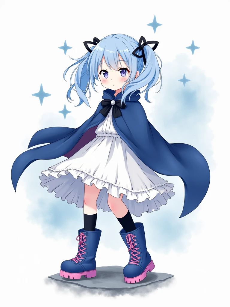 A stylized anime girl,Dreamy,Light blue double ponytail,Hair fluttering,Watercolor smudge,Close your eyes and immerse yourself,Calm expression,Large dark blue cape,Starry sky spots,White ruffled skirt,Black knee socks,Blue and purple thick-soled boots,Pink laces,Sharp contrast,Floating Stone Platform,Liquid dripping,Melt Diffusion,Fantastic,Close-up of face,White background,Watercolor blue-gray spots,Elegant and surreal,Fresh and simple,The lines are soft