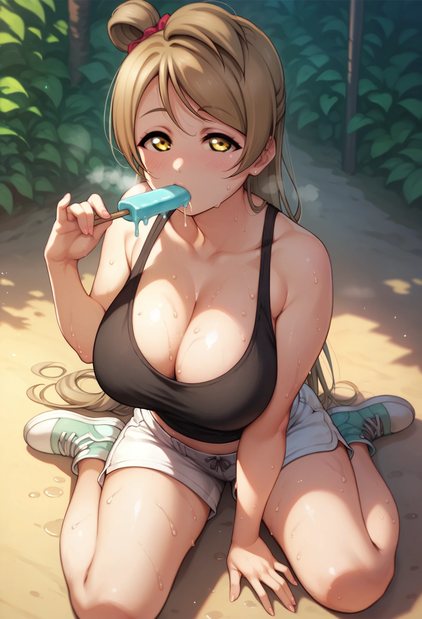 minami kotori love live, yellow eyes,long hair,excessive sweat,large breasts , heavy breathing, looking at viewer, black tank top, white hit shorts, sitting on ground, front view, sucking popsicle, cleavage , full body 