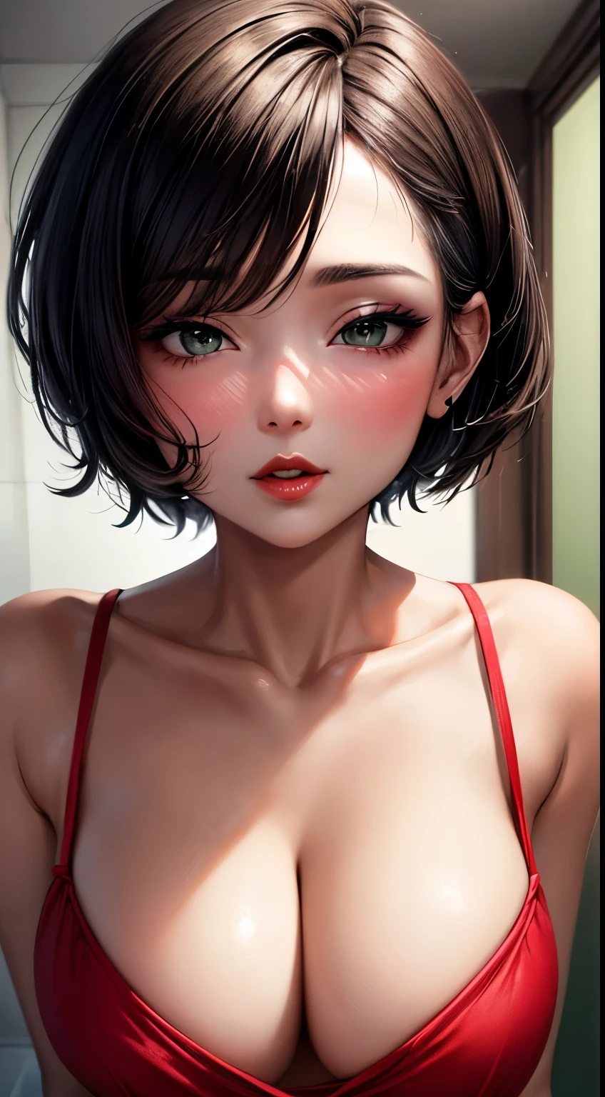 Amazing portrait of a sexy woman with her short hair in a bob style and her face covered with lots of makeup gazing at us seductive with her perfect red lips parted wearing a green saree in an empty bathroom