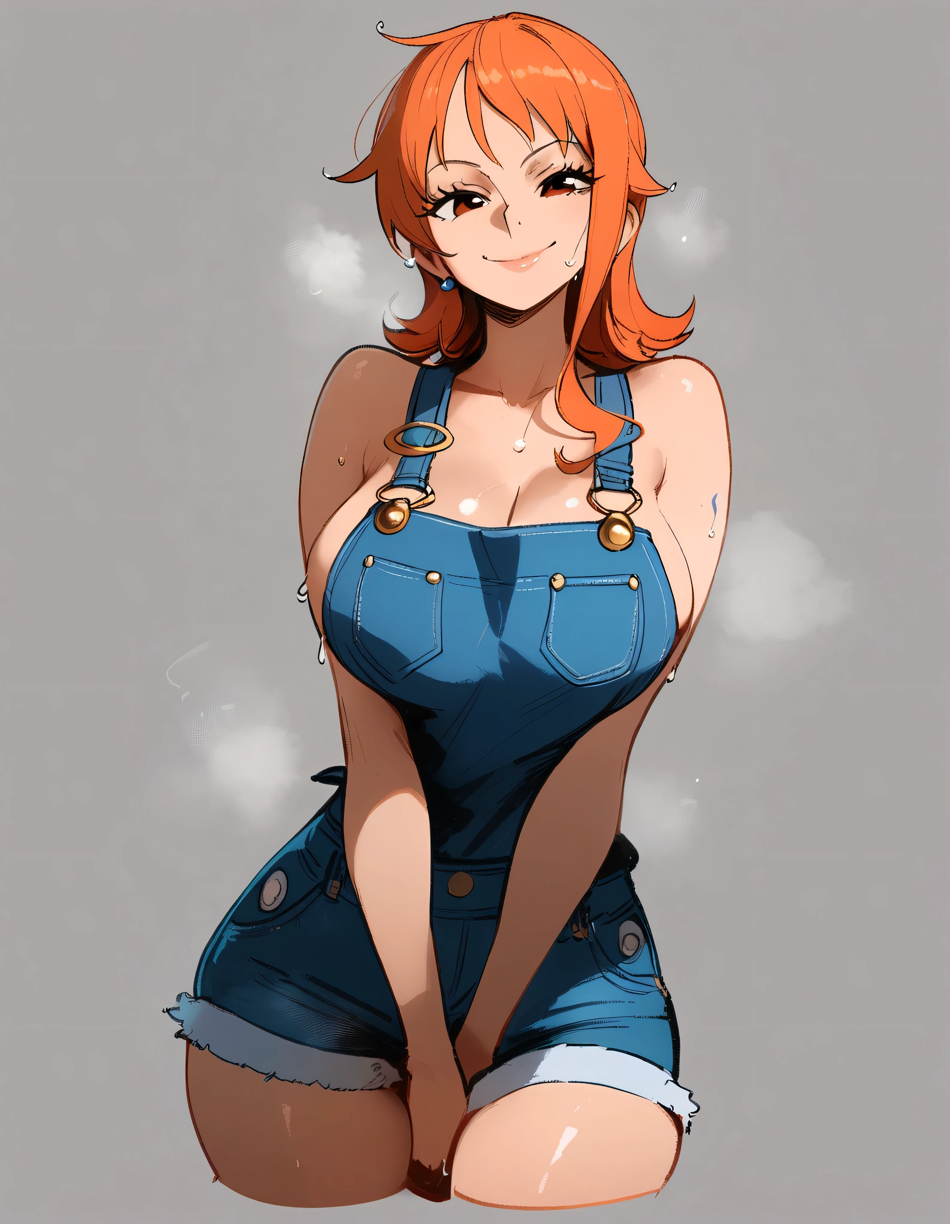 1girl, nami \(one piece\), one piece
\\\\\ masterpiece, best quality, newest, ///// nyantcha, khyle, cutesexyrobutts \\\\\ highres, absurdes. , solo, wet, sweat, shiny skin, straight-on, big breasts, naughty face, three quarter view, grey background, simple background, cropped, v arms, overalls, naughty smile, skinny, upper body,